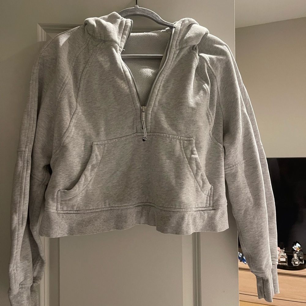 Gray Cropped Hoodie Sweater with Half-Zip